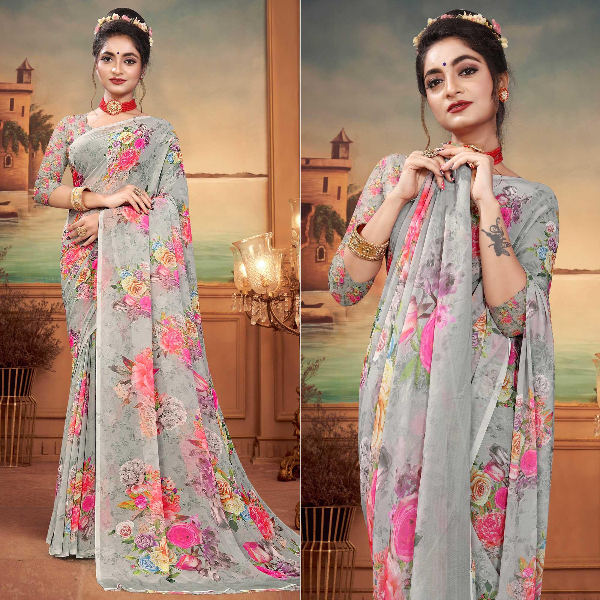 Grey Digital Printed Georgette Saree - Peachmode