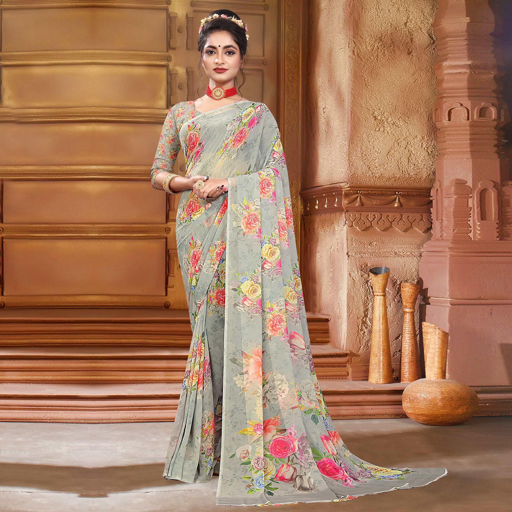 Grey Digital Printed Georgette Saree - Peachmode