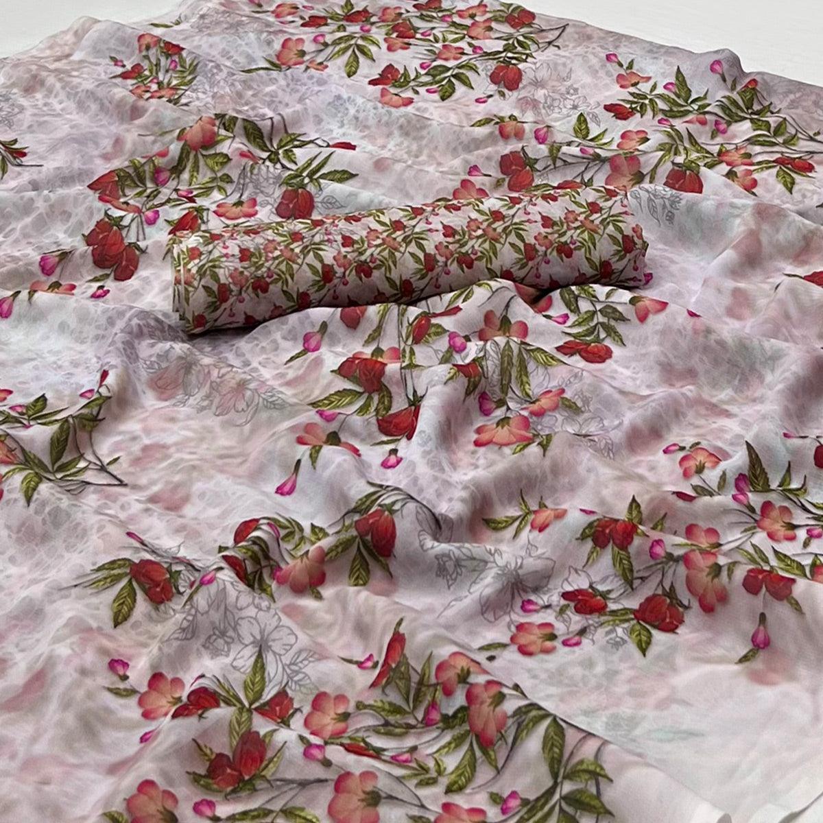 Grey Digital Printed Georgette Saree - Peachmode