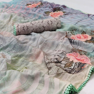 Grey Digital Printed Georgette Saree - Peachmode