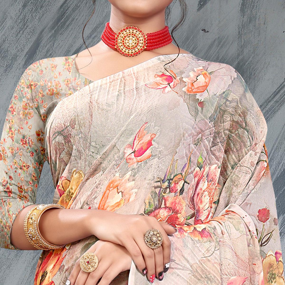 Grey Digital Printed Georgette Saree - Peachmode