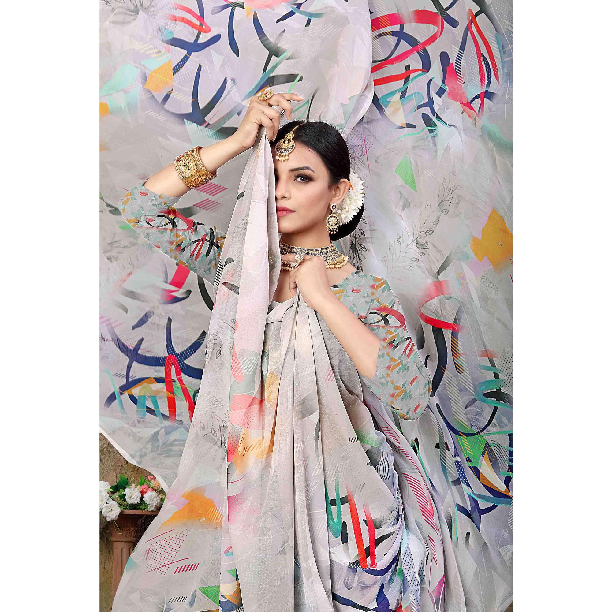 Grey Digital Printed Georgette Saree - Peachmode