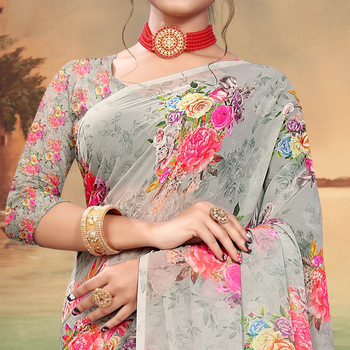 Grey Digital Printed Georgette Saree - Peachmode