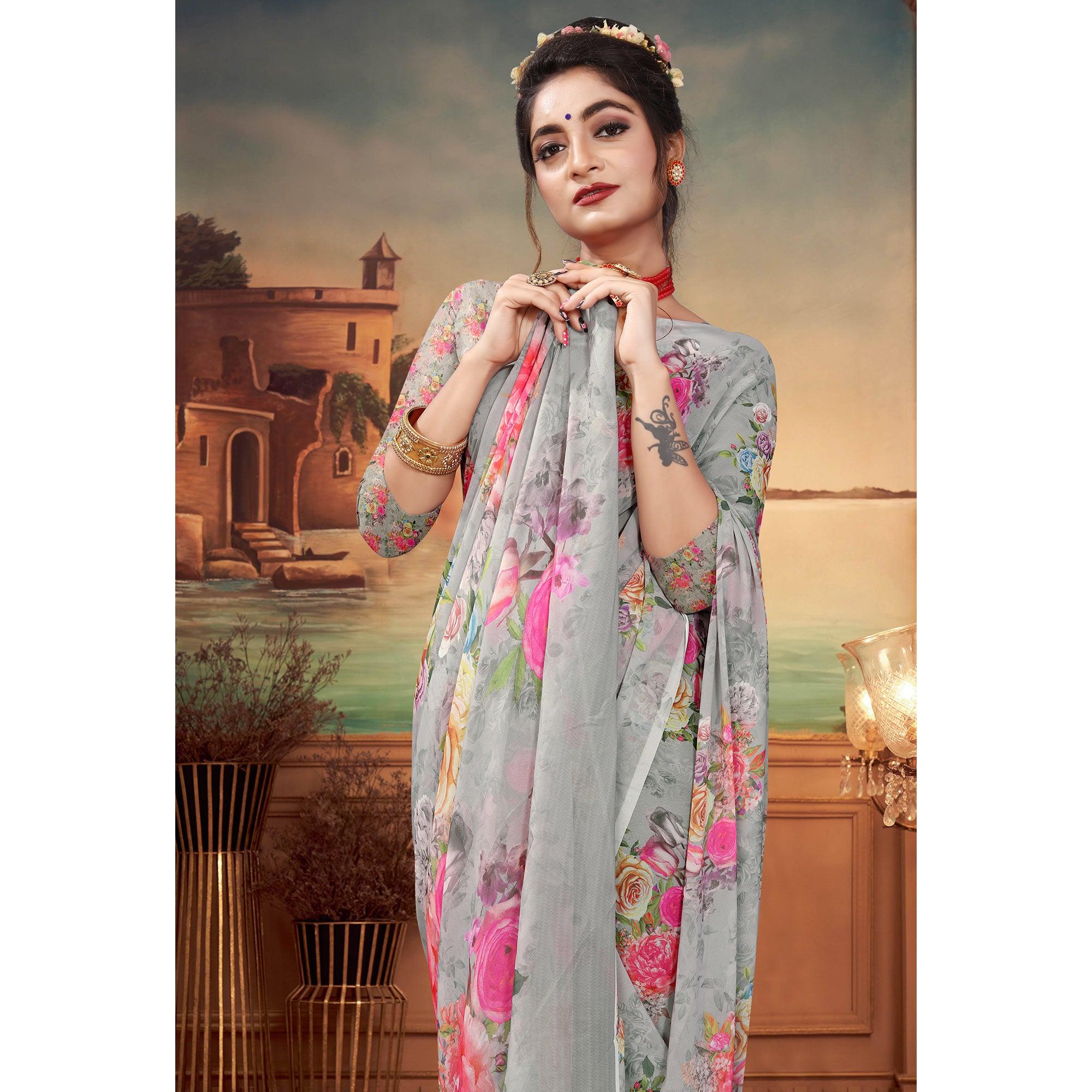 Grey Digital Printed Georgette Saree - Peachmode