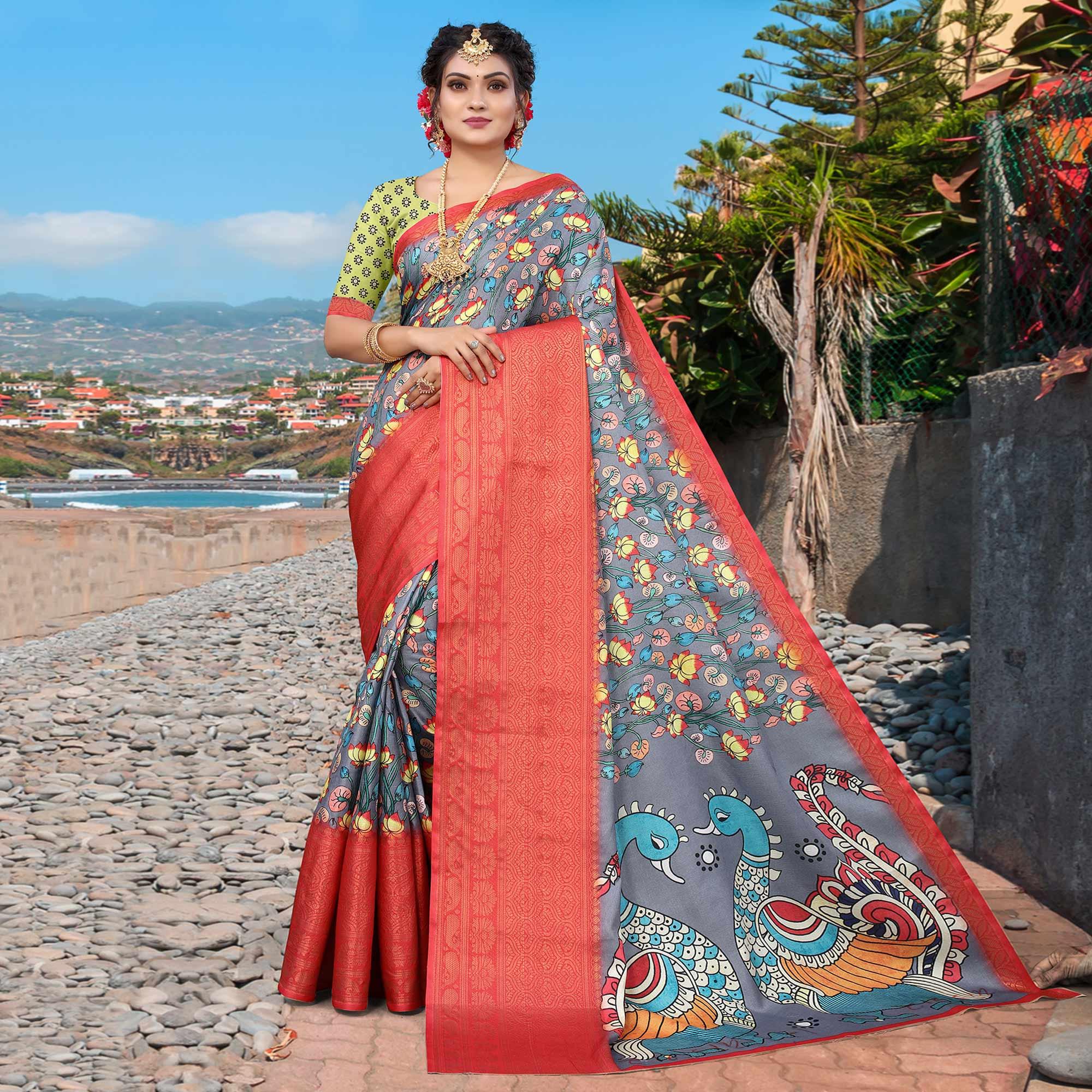 Grey Digital Printed Khaadi Saree - Peachmode