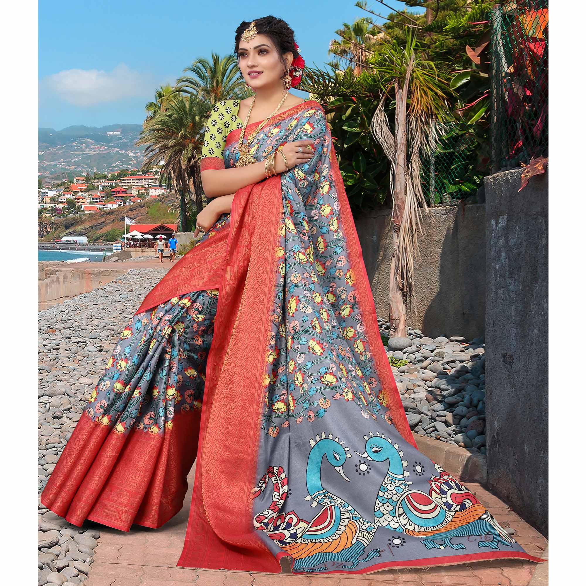 Grey Digital Printed Khaadi Saree - Peachmode