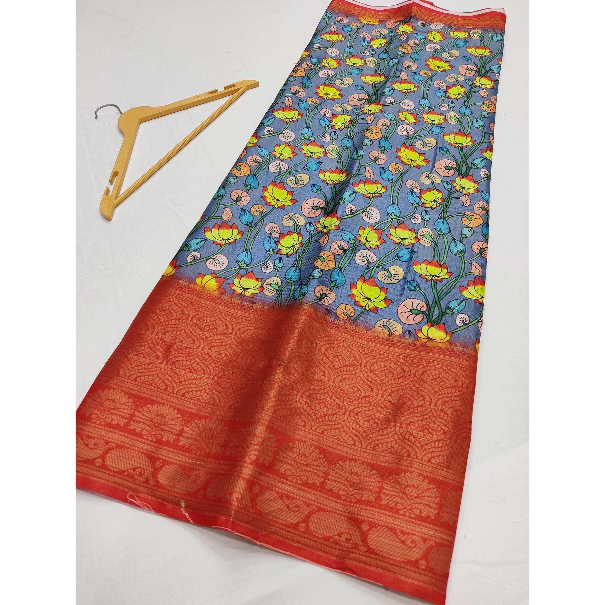 Grey Digital Printed Khaadi Saree - Peachmode