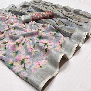 Grey Digital Printed Linen Saree - Peachmode