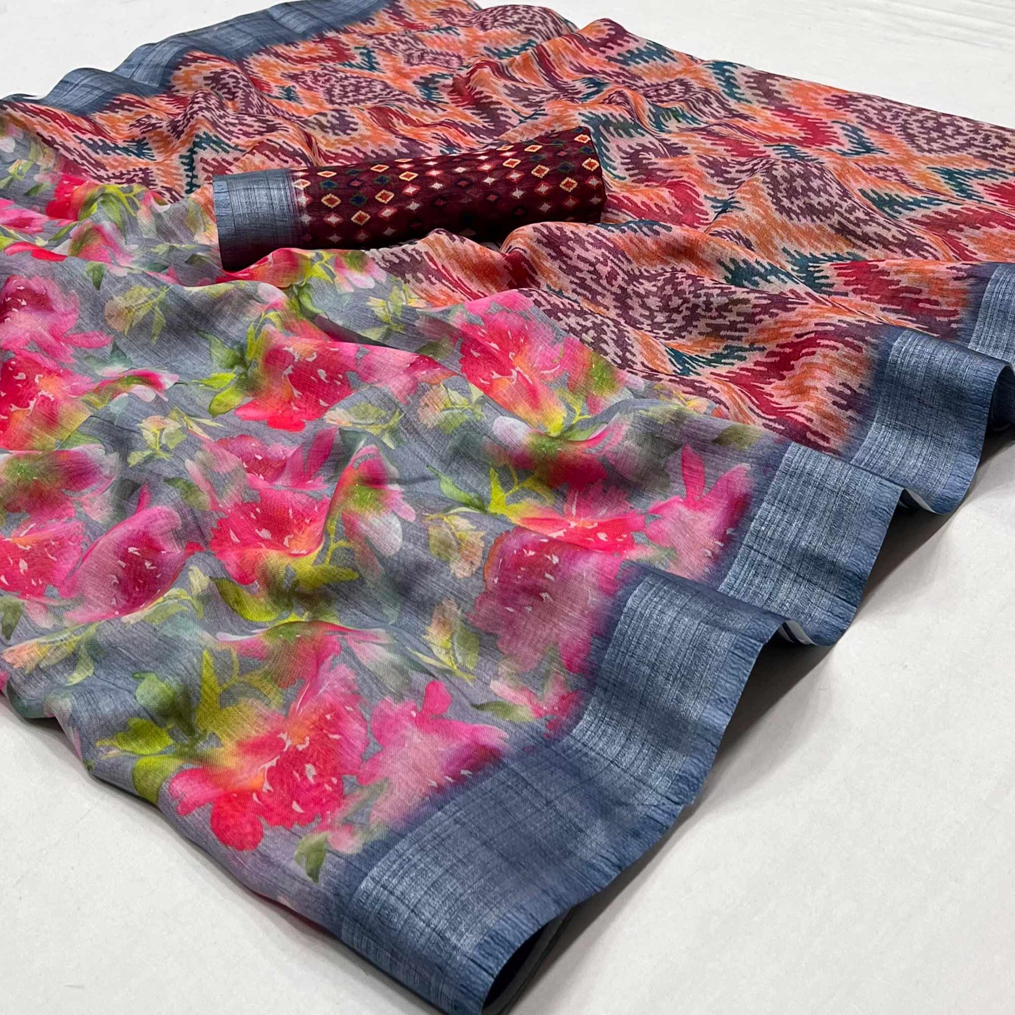 Grey Digital Printed Linen Saree - Peachmode