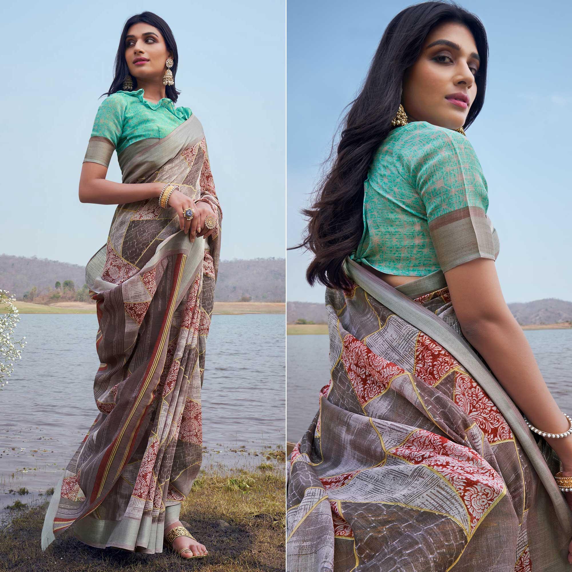 Grey Digital Printed Linen Saree - Peachmode