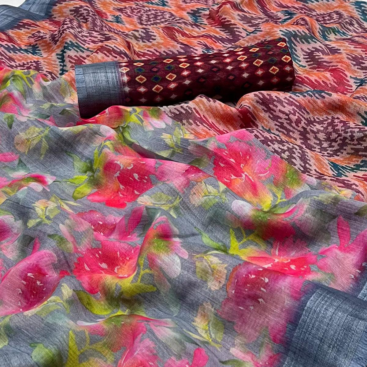 Grey Digital Printed Linen Saree - Peachmode