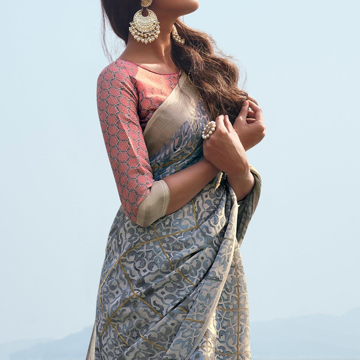 Grey Digital Printed Linen Saree - Peachmode