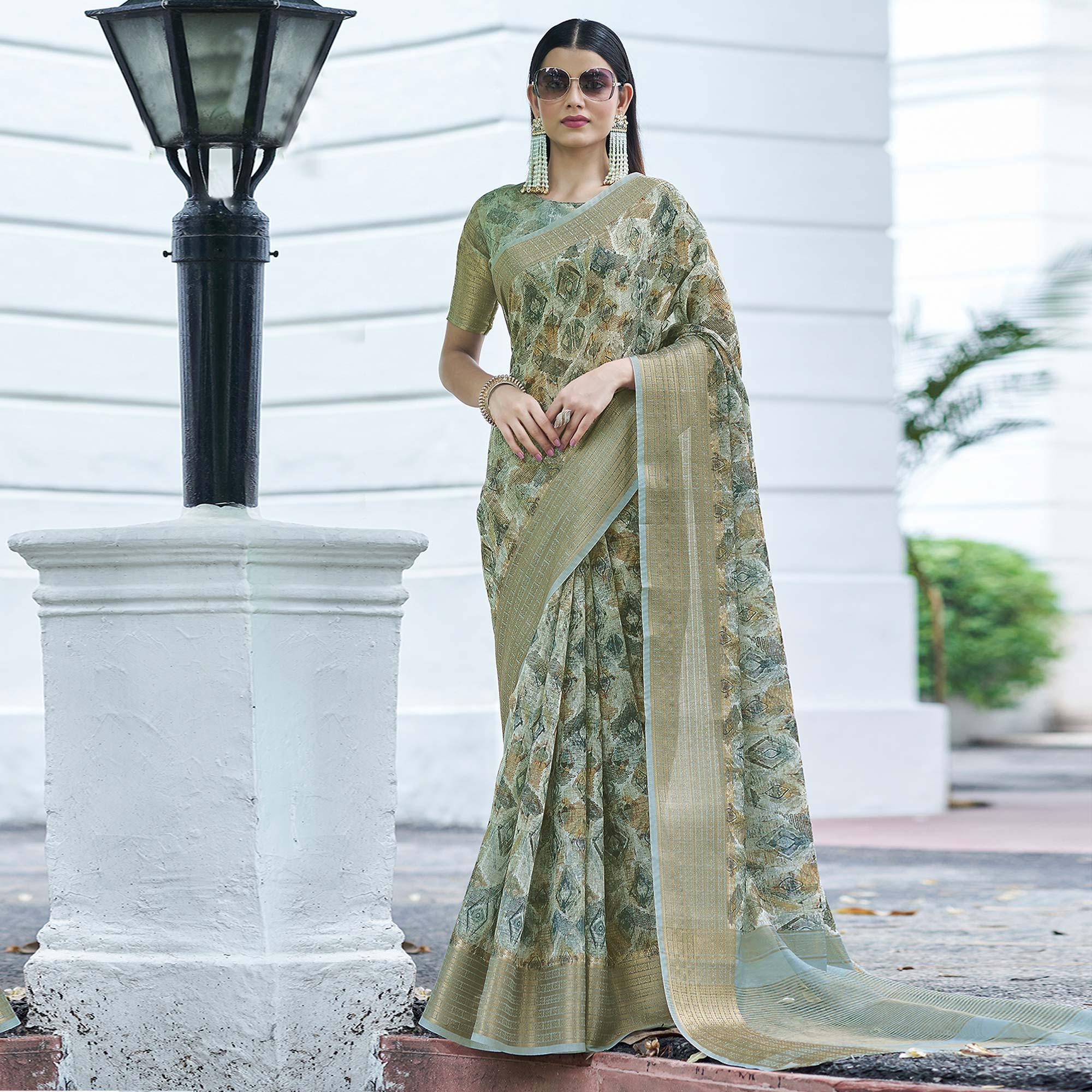 Grey Digital Printed Linen Saree - Peachmode