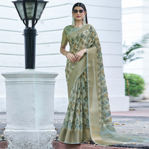 Grey Digital Printed Linen Saree - Peachmode