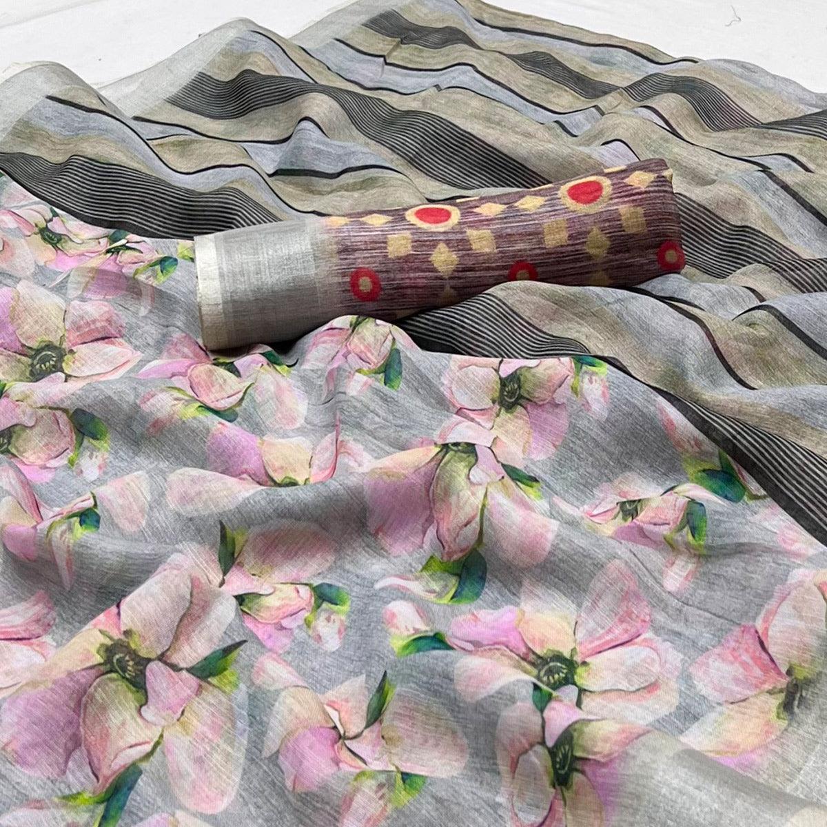Grey Digital Printed Linen Saree - Peachmode