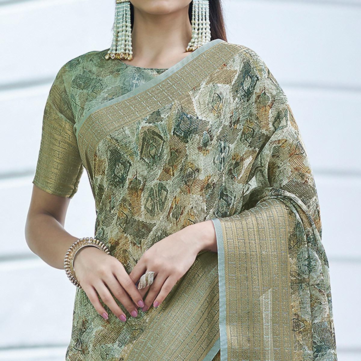 Grey Digital Printed Linen Saree - Peachmode