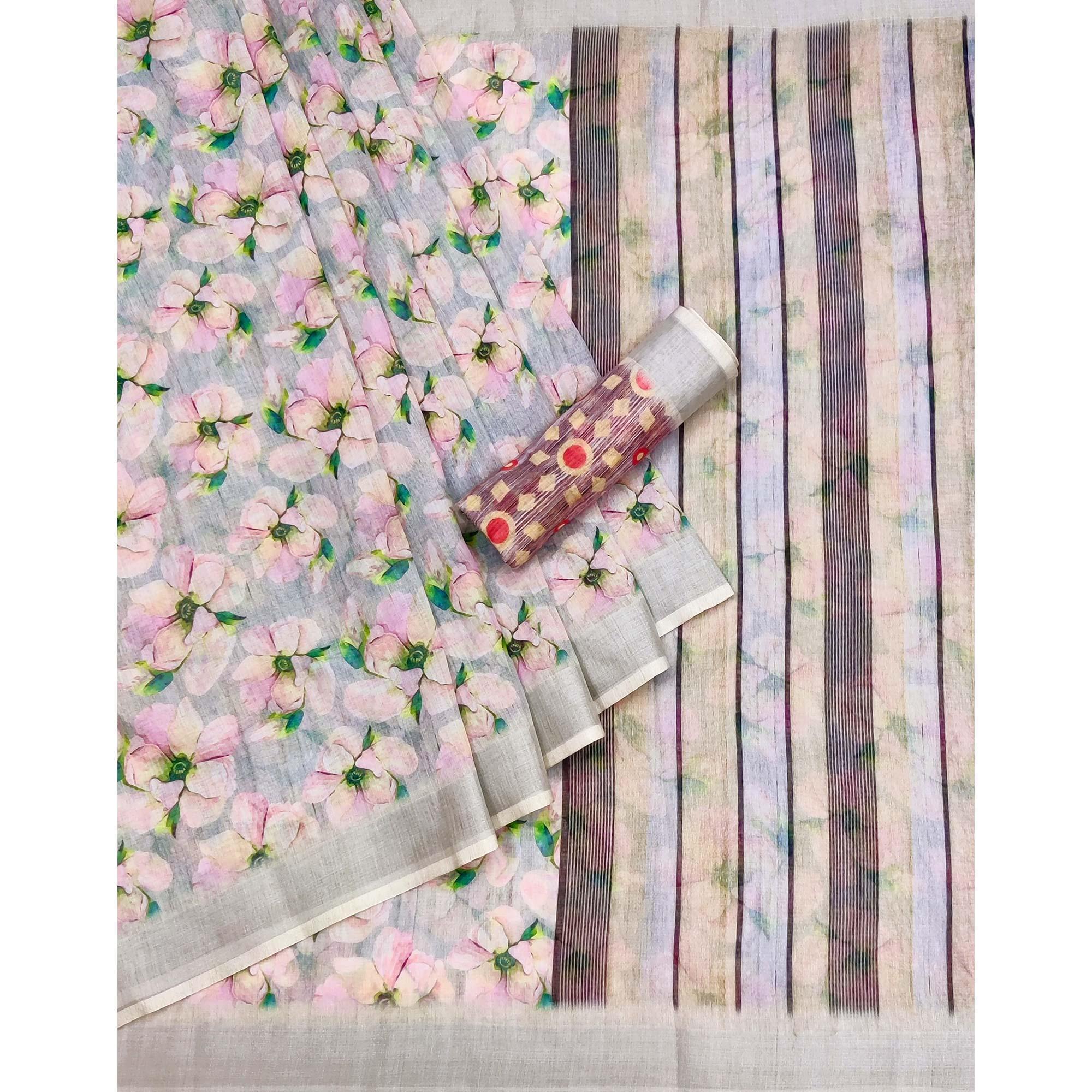 Grey Digital Printed Linen Saree - Peachmode