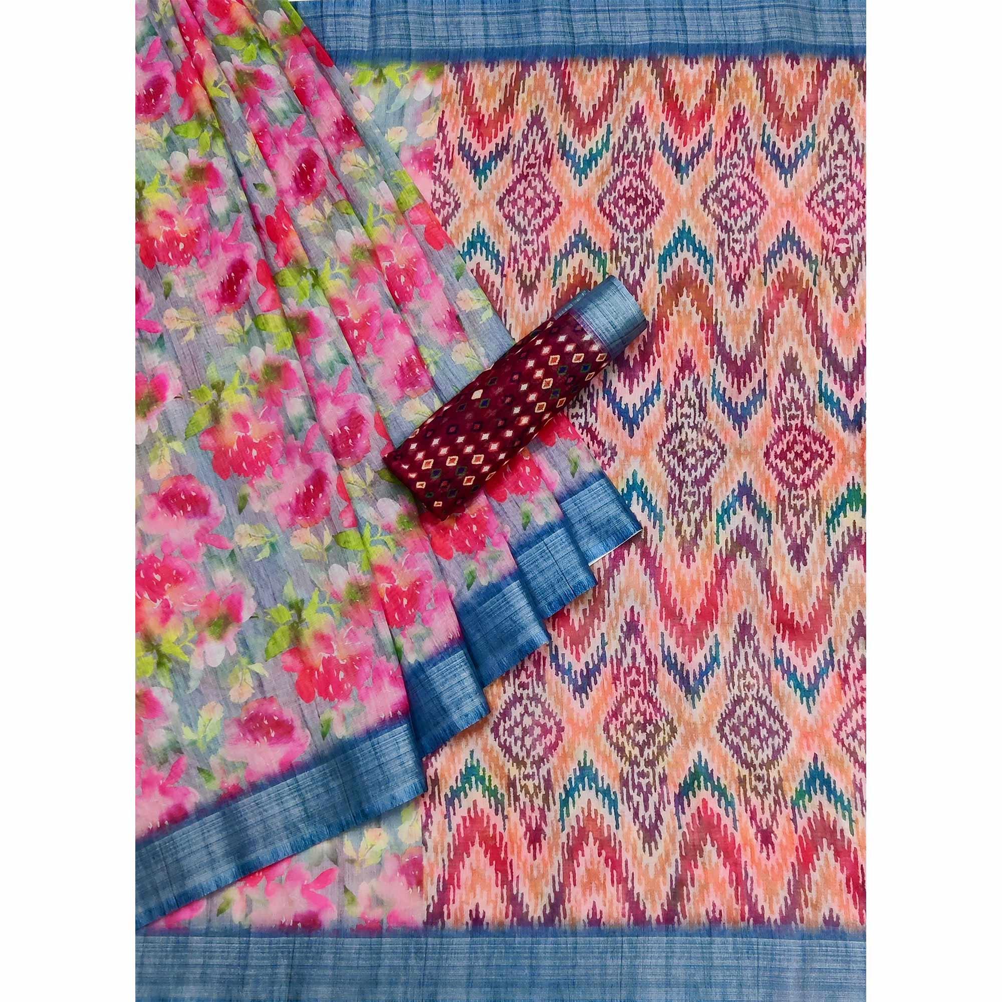 Grey Digital Printed Linen Saree - Peachmode