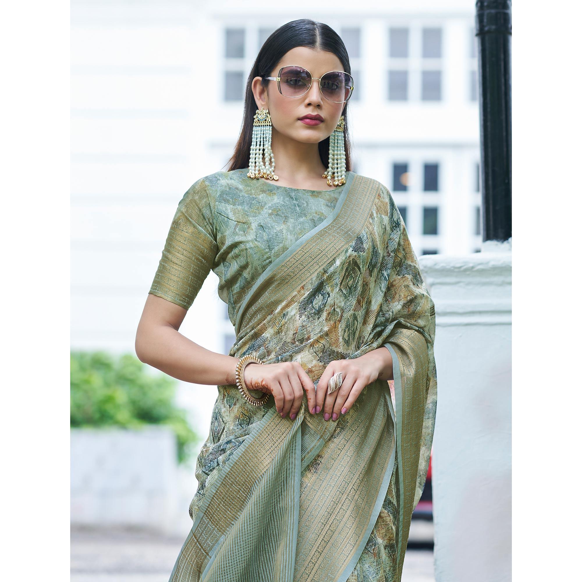 Grey Digital Printed Linen Saree - Peachmode