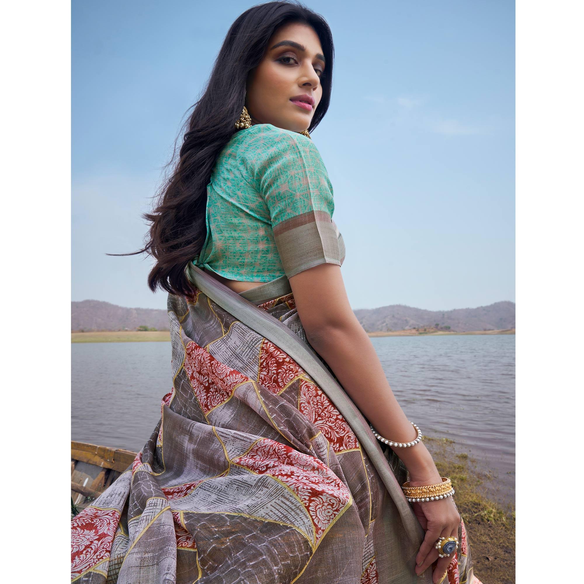Grey Digital Printed Linen Saree - Peachmode