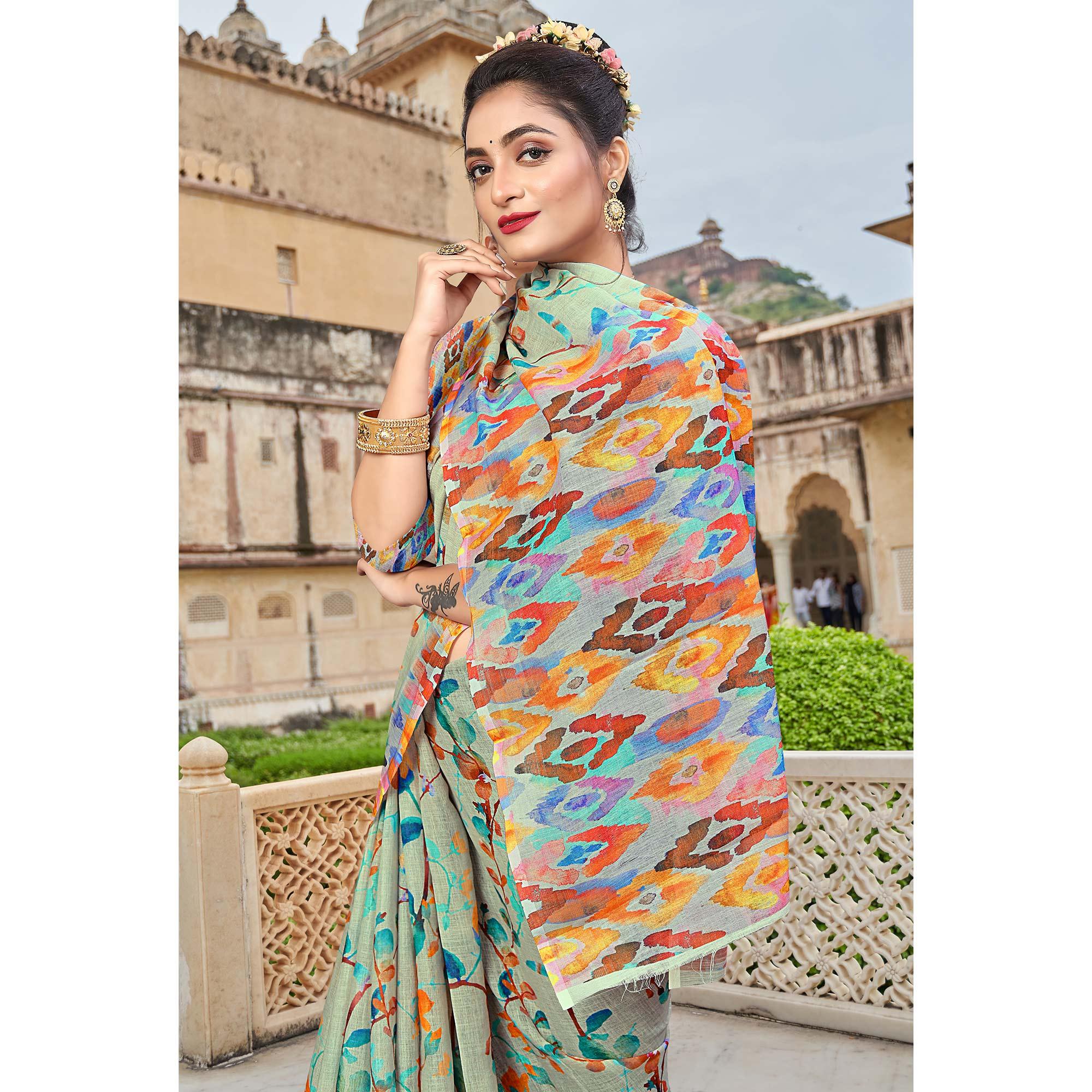 Grey Digital Printed Linen Saree - Peachmode