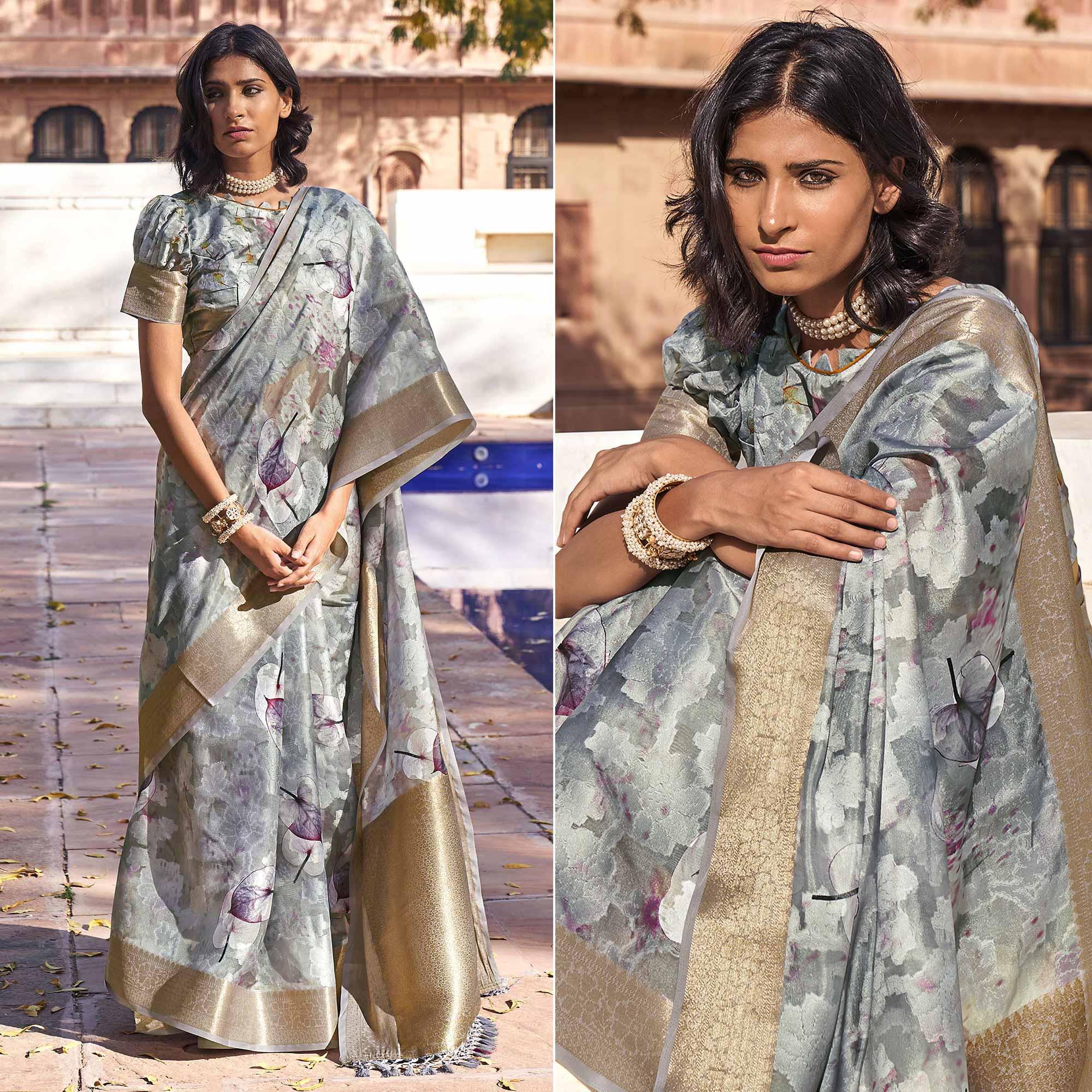Grey Digital Printed Poly Cotton Saree - Peachmode