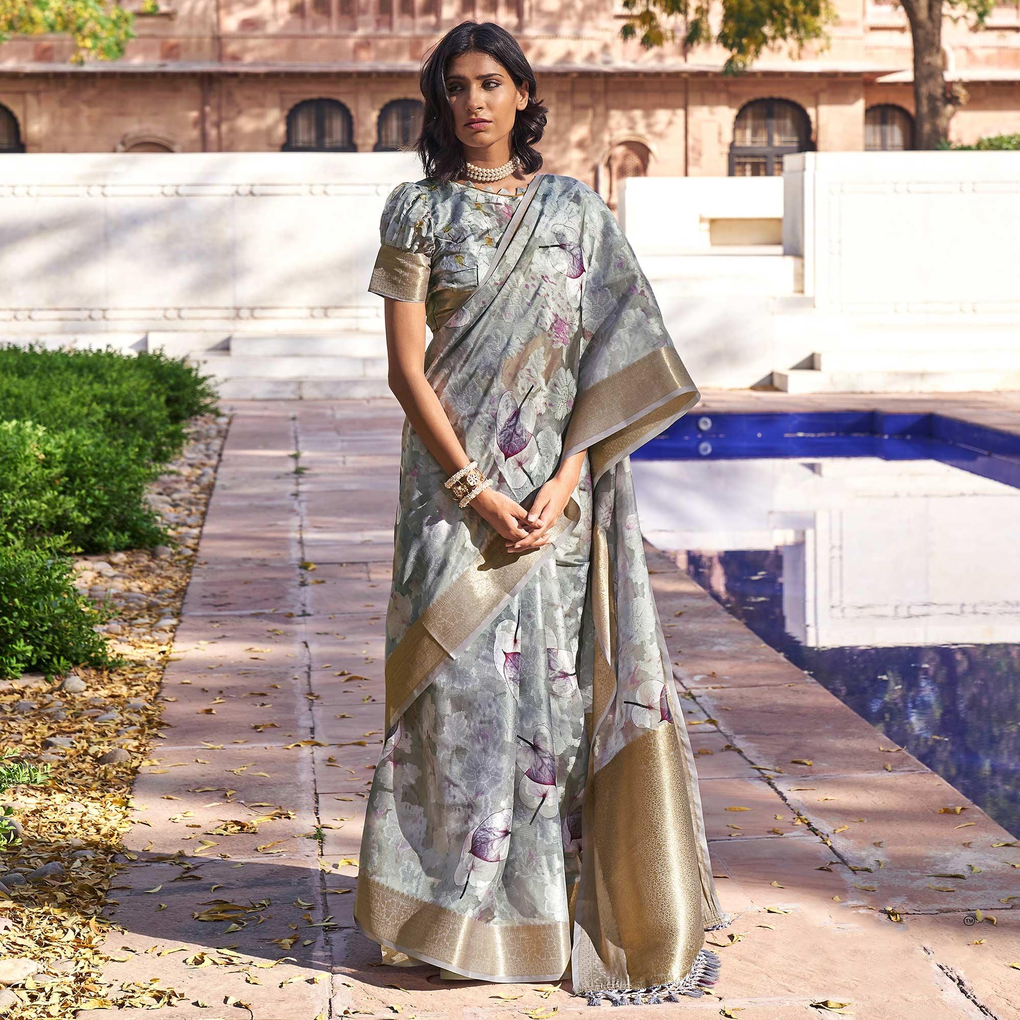 Grey Digital Printed Poly Cotton Saree - Peachmode