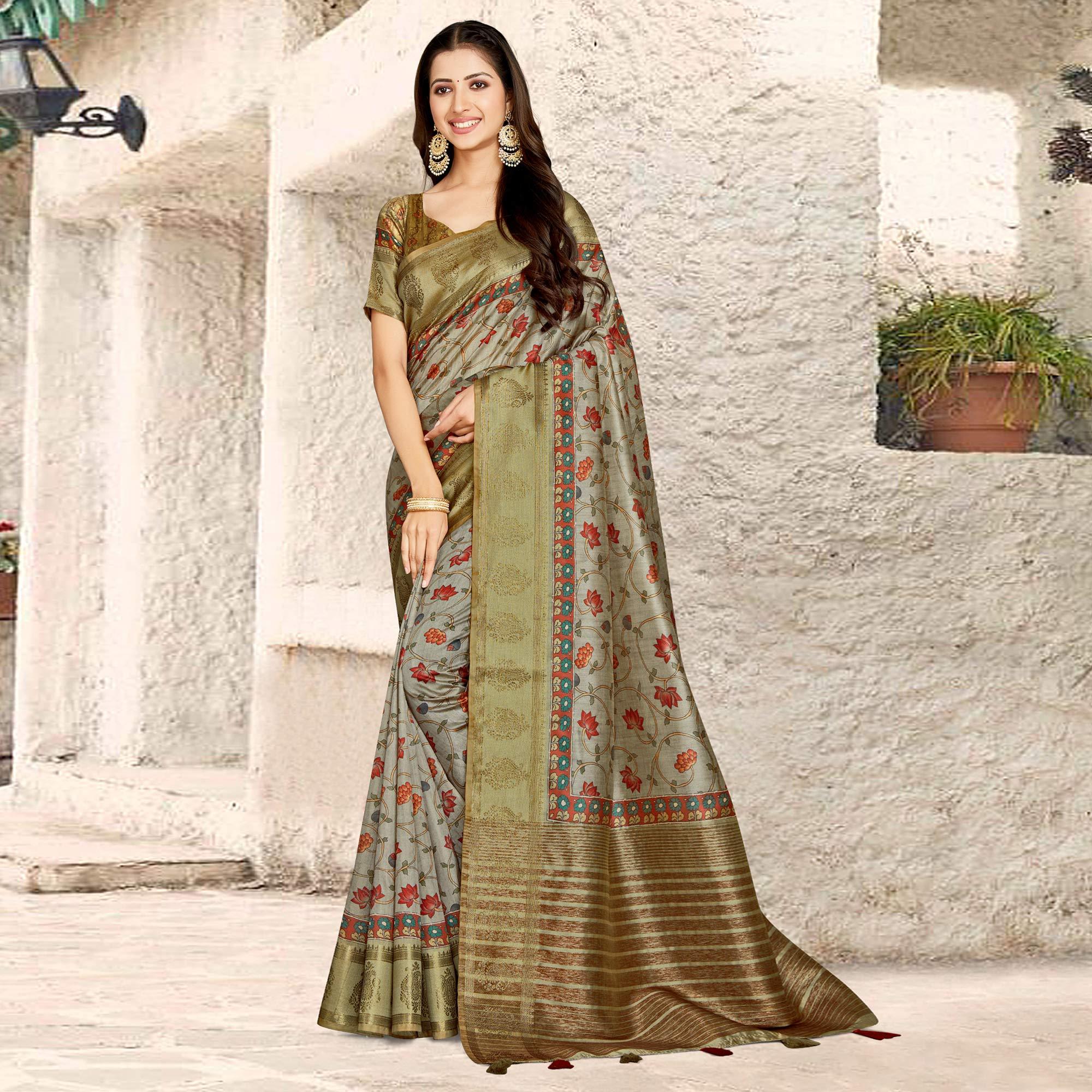 Grey Digital Printed Tussar Silk Saree With Tassels - Peachmode