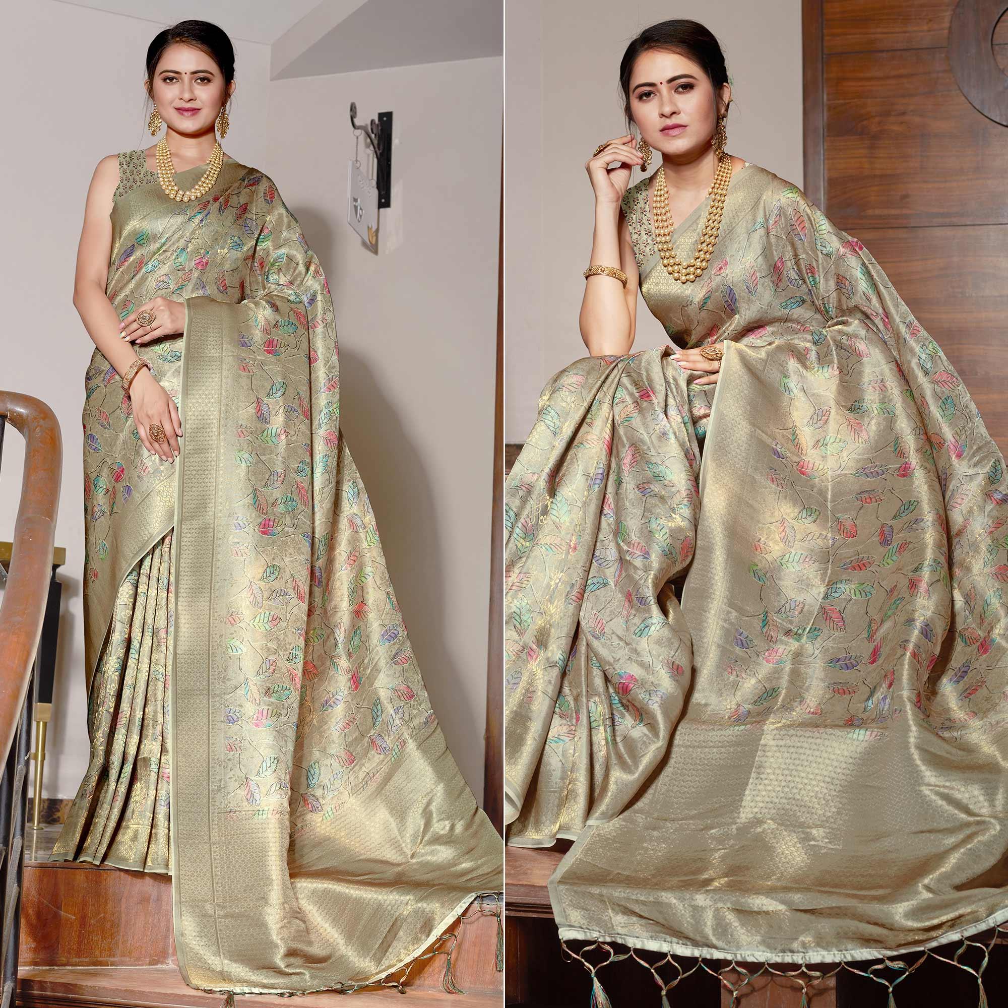 Grey Digital Printed With Woven Art Silk Saree With Tassels - Peachmode