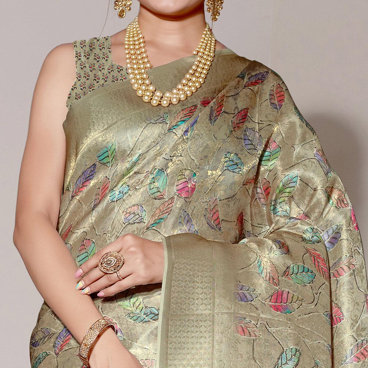 Grey Digital Printed With Woven Art Silk Saree With Tassels - Peachmode