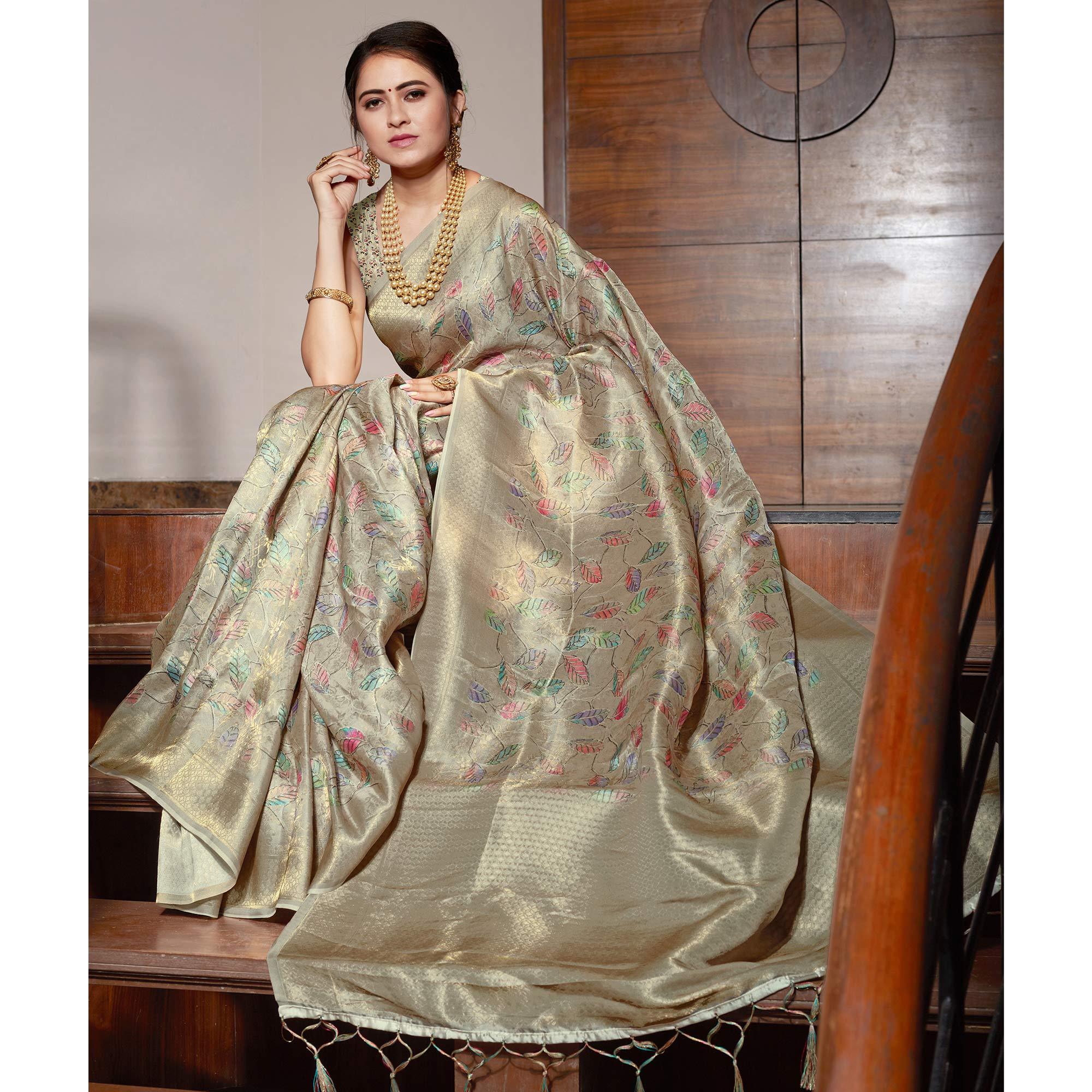 Grey Digital Printed With Woven Art Silk Saree With Tassels - Peachmode