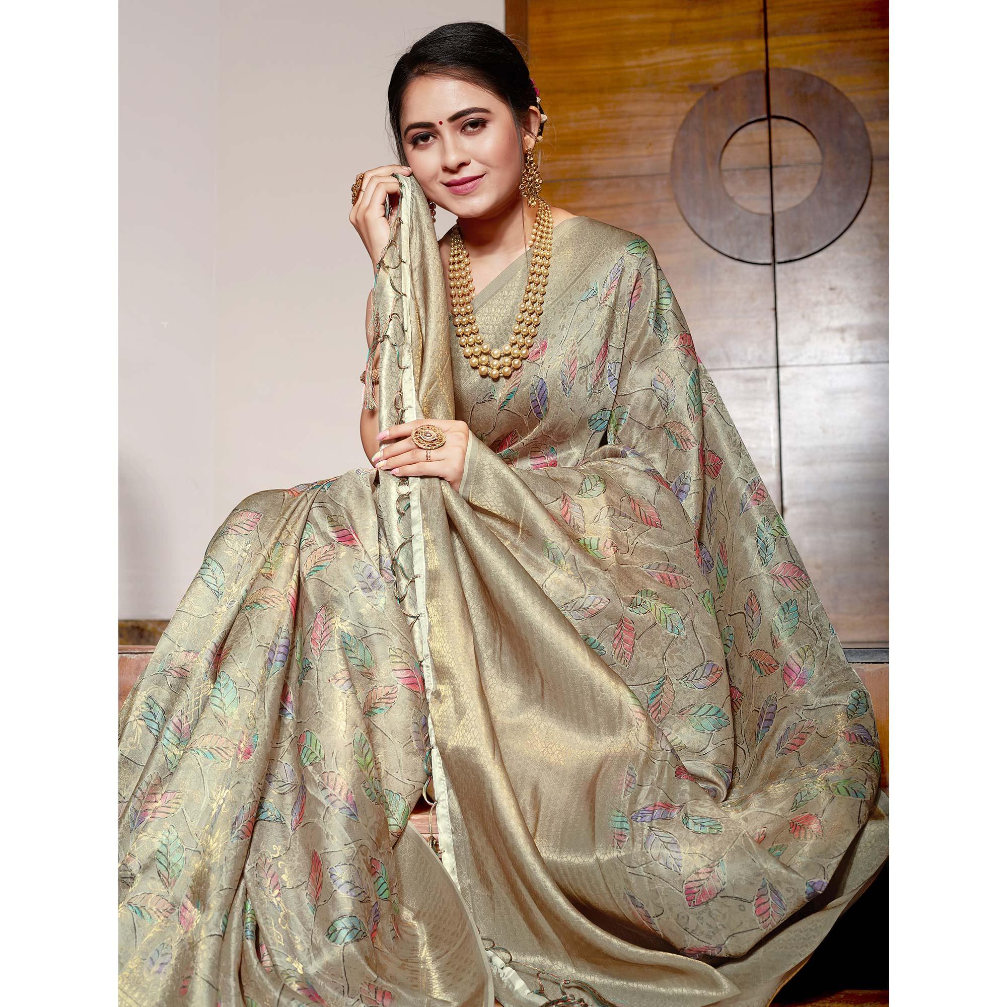 Grey Digital Printed With Woven Art Silk Saree With Tassels - Peachmode