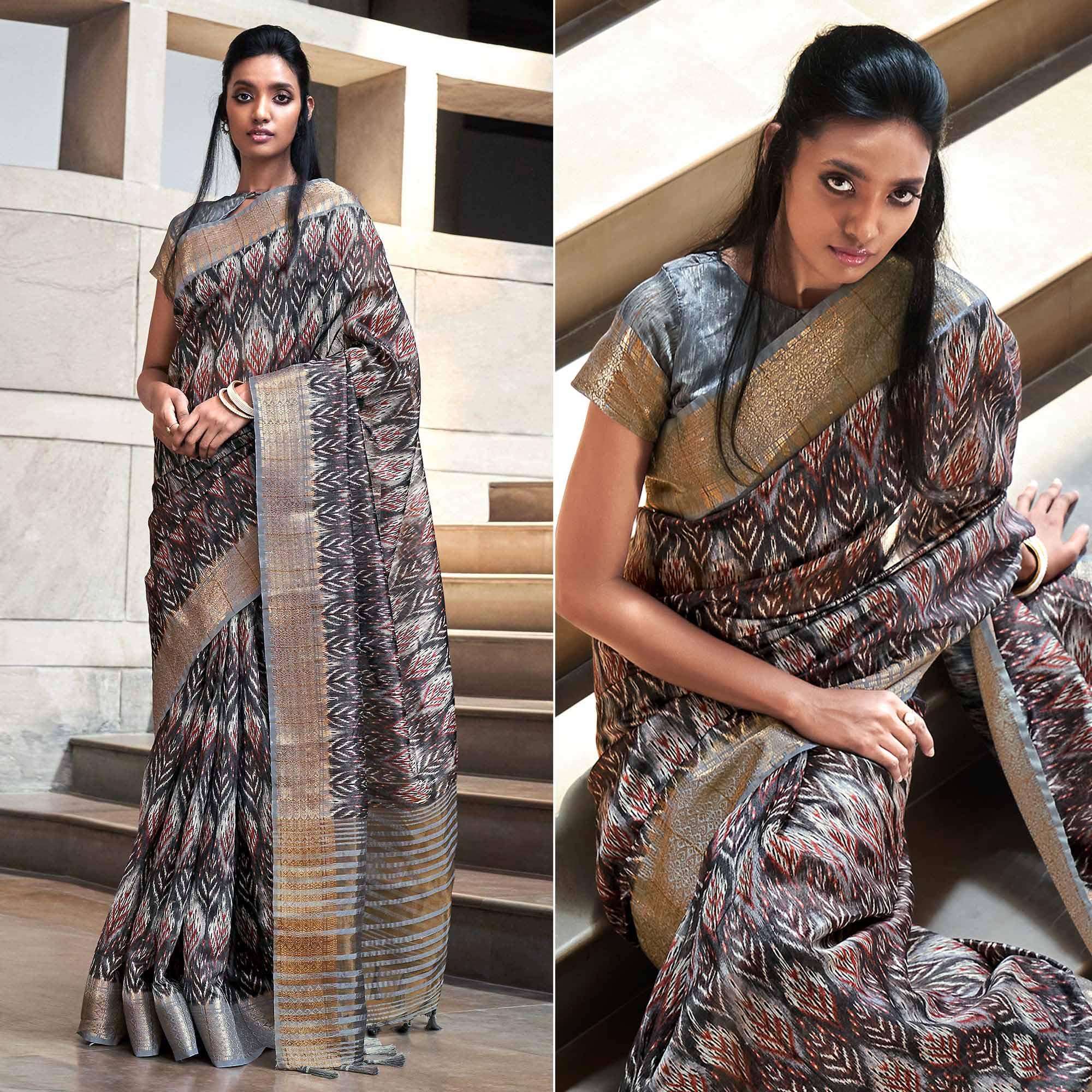 Grey Digital Printed-Woven Art Silk Saree With Tassels - Peachmode