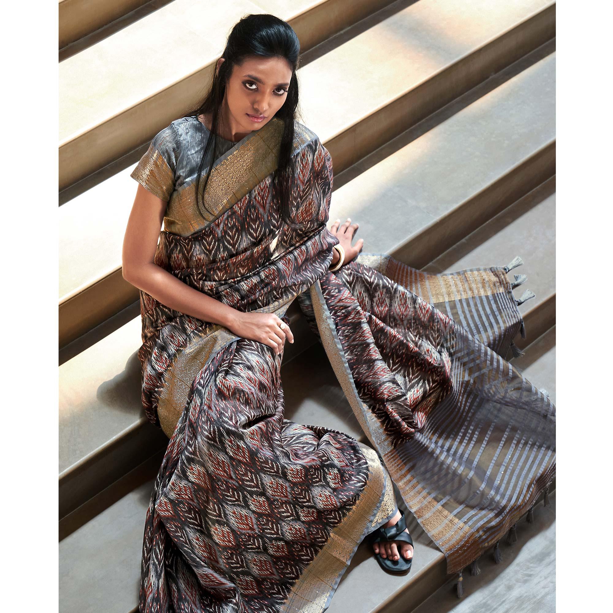 Grey Digital Printed-Woven Art Silk Saree With Tassels - Peachmode
