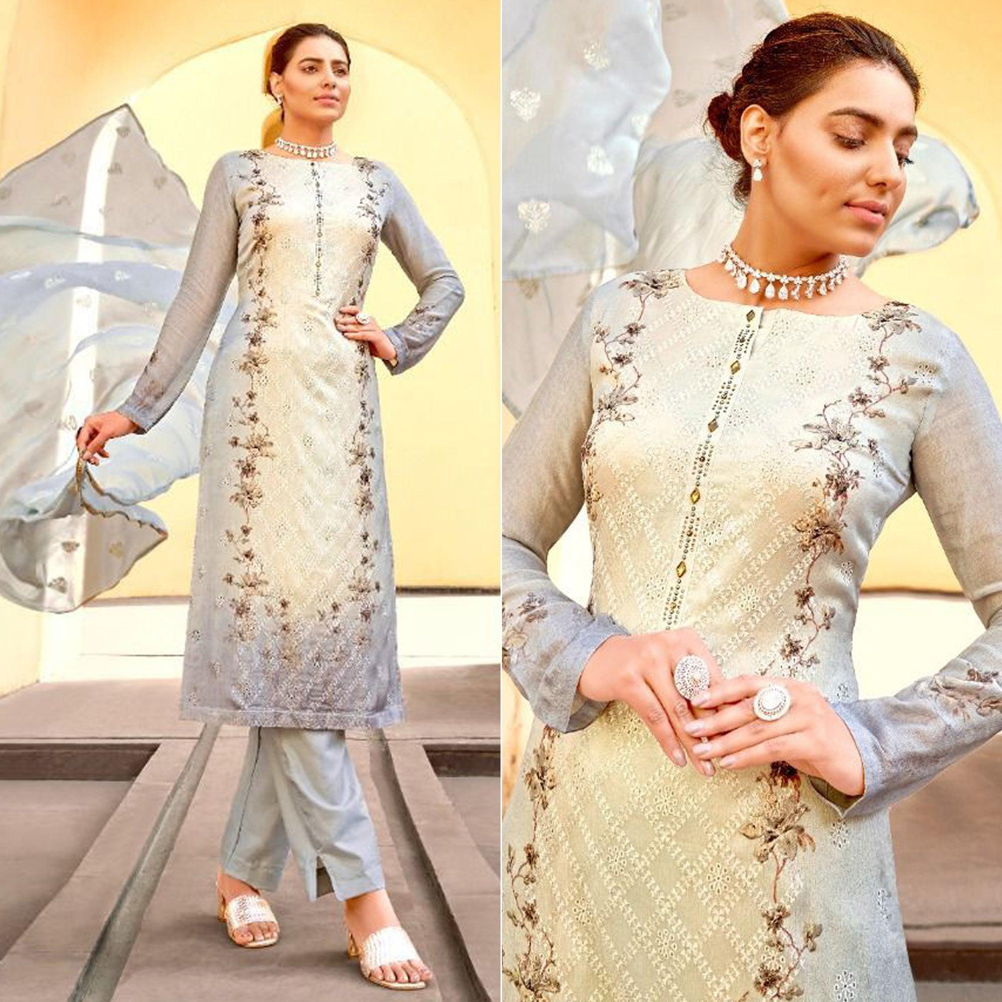 Grey Embellished & Embroidered Chiffon Partywear Suit - Peachmode