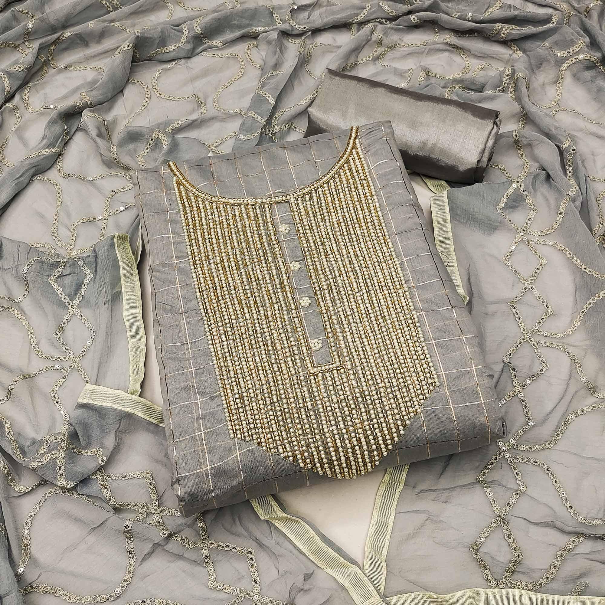 Grey Embellished Chanderi Dress Material - Peachmode