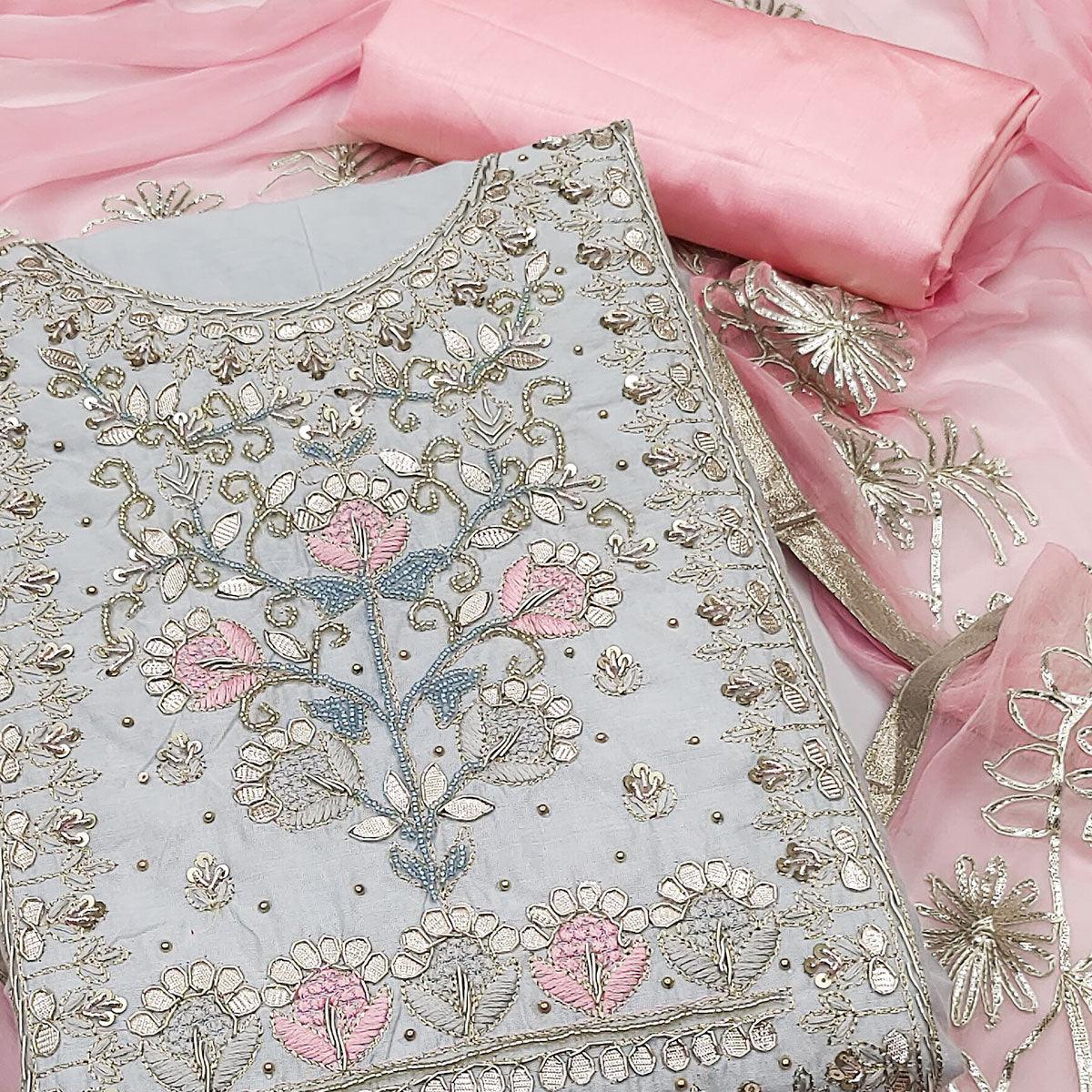 Grey Embellished Chanderi Dress Material - Peachmode