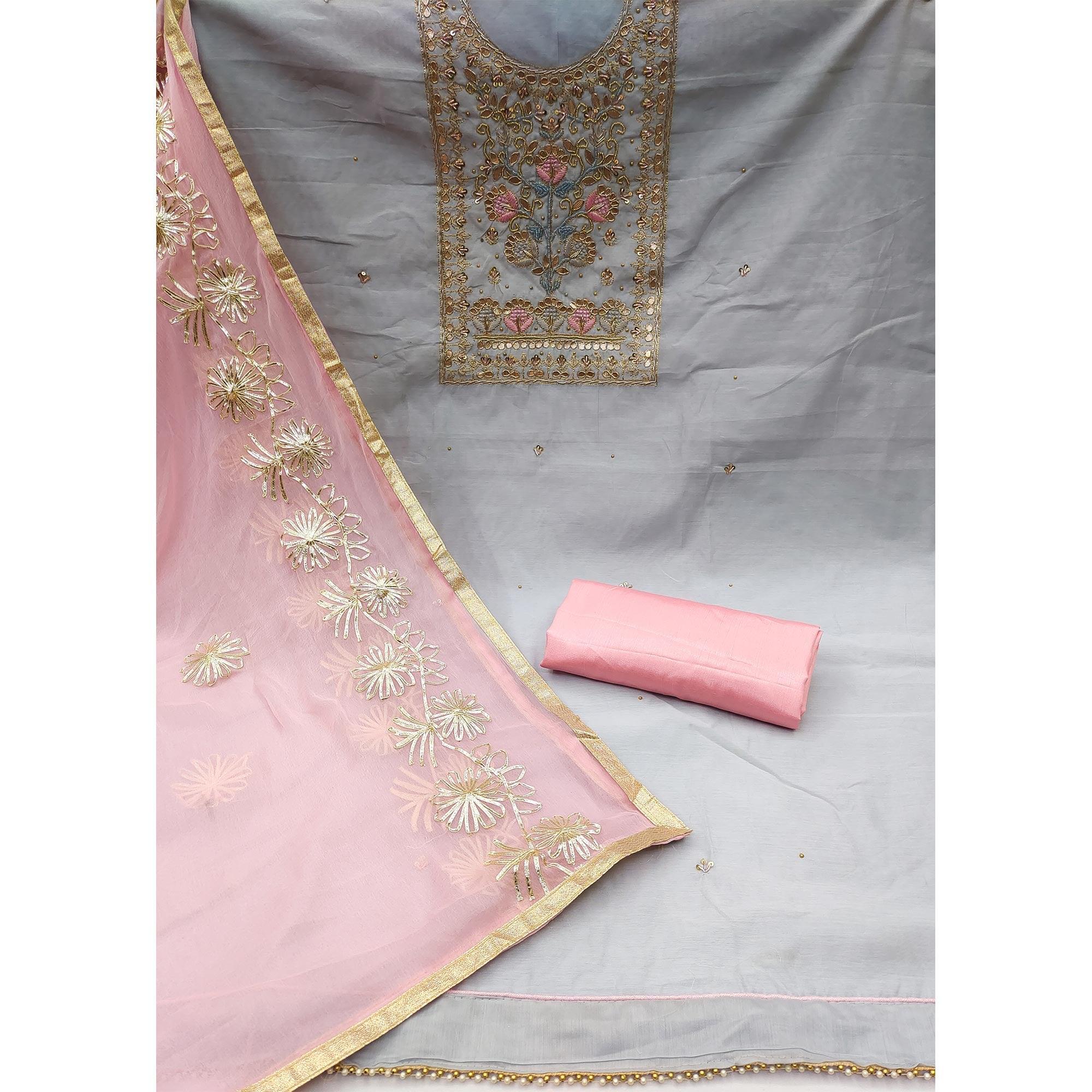 Grey Embellished Chanderi Dress Material - Peachmode