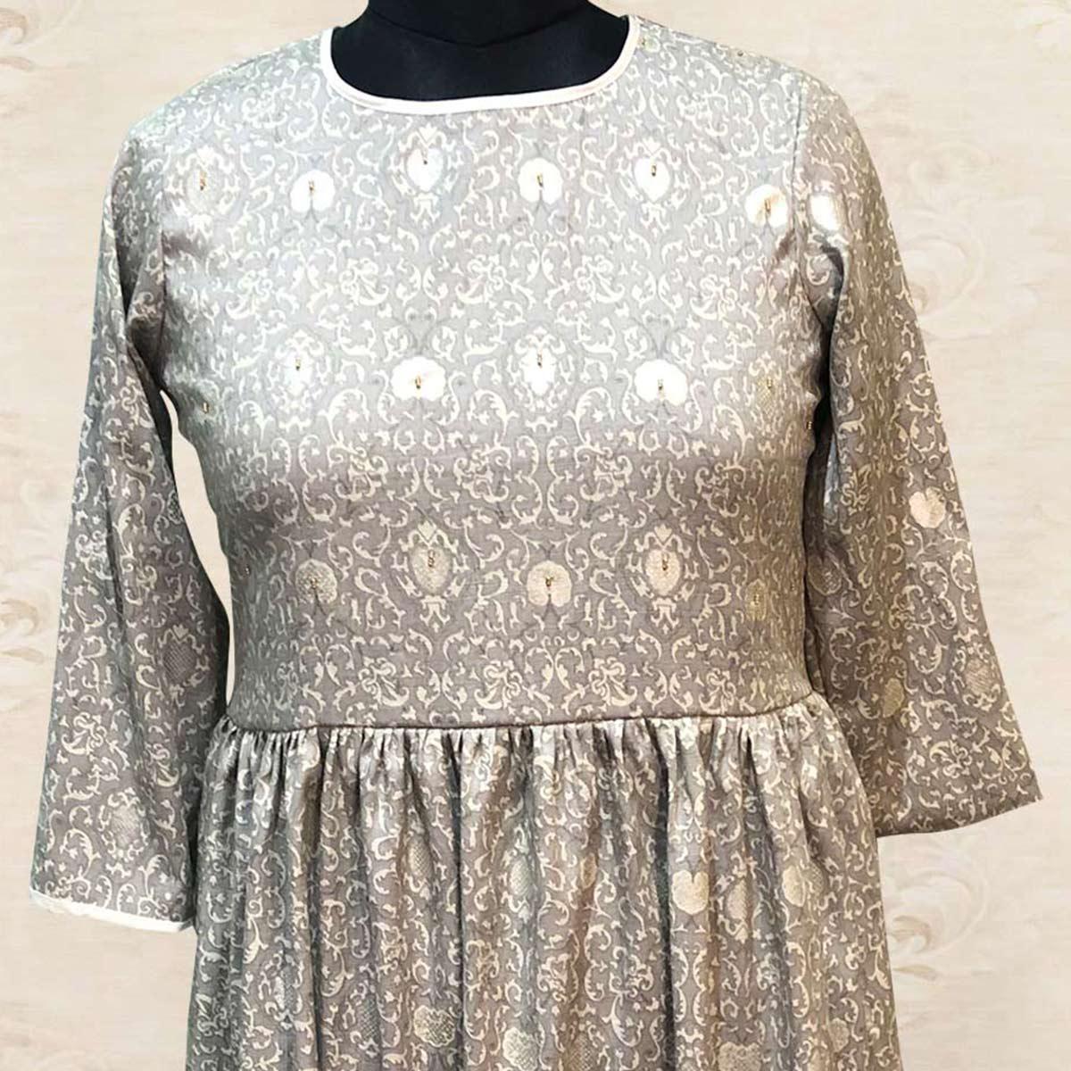 Grey Embellished-Printed Cotton Kurti - Peachmode