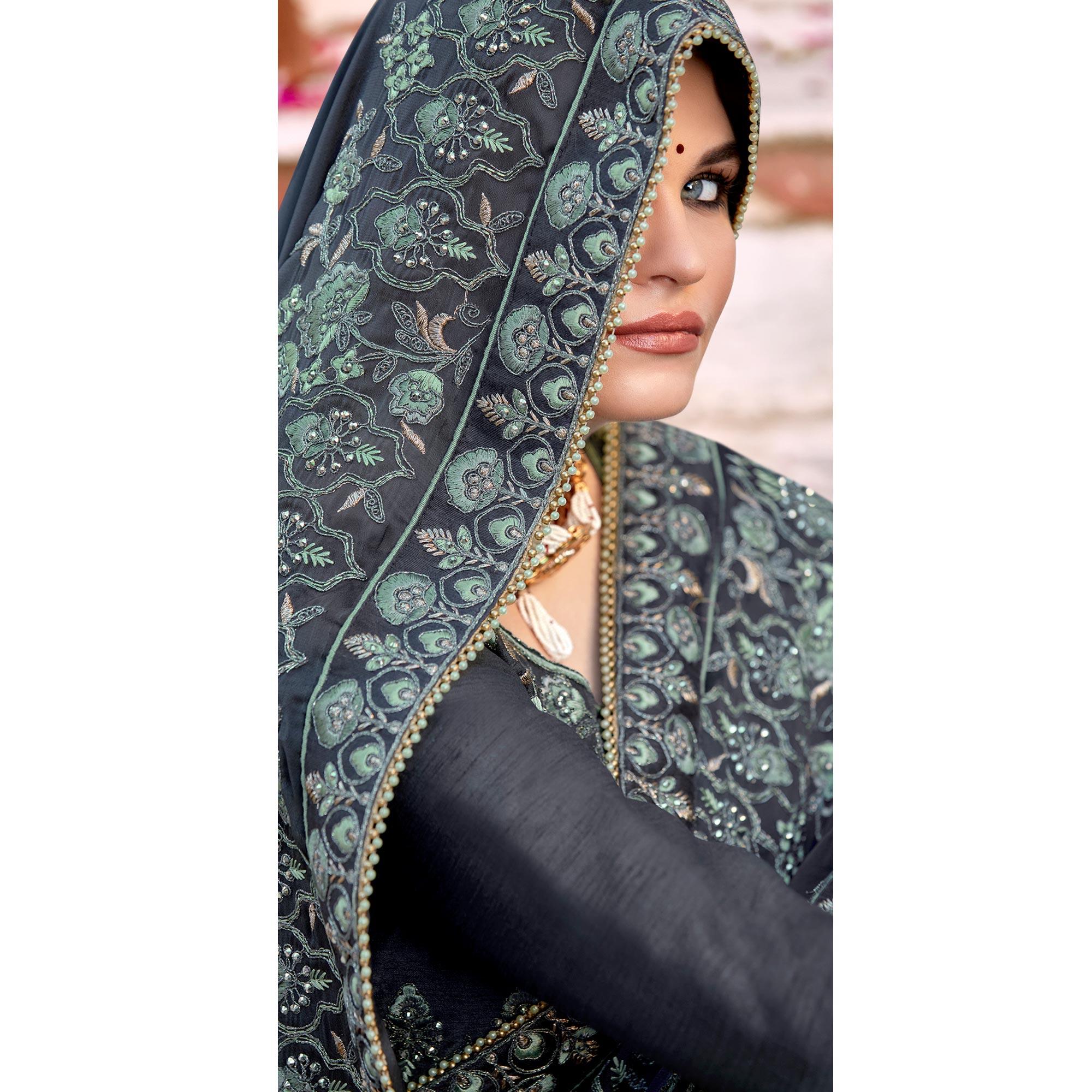 Grey Embellished With Embroidered Art Silk Saree - Peachmode