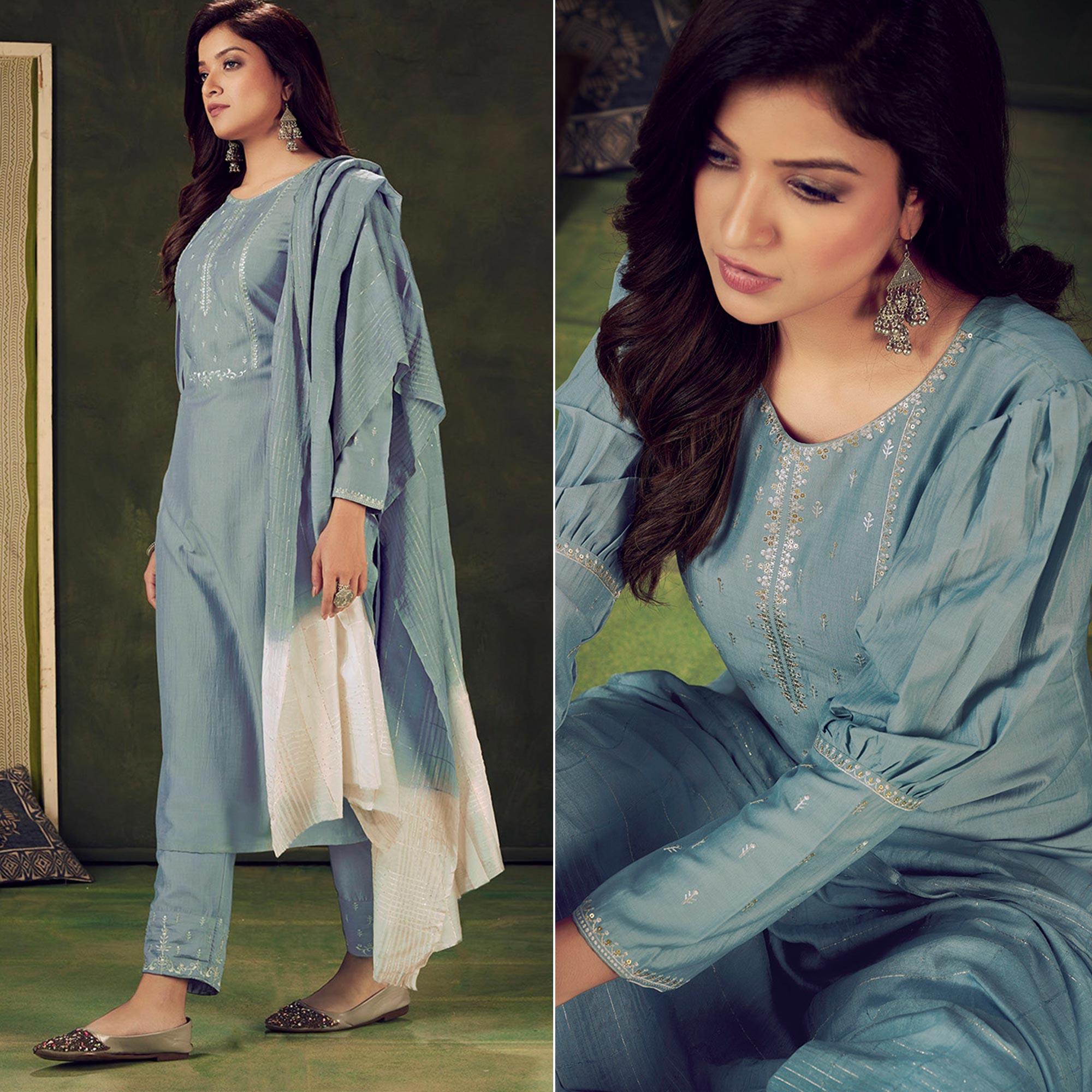 Grey Embellished With Embroidered Chiffon Kurti Pant Set With Dupatta - Peachmode