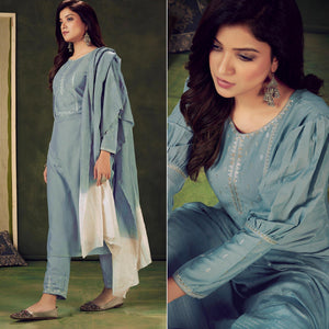 Grey Embellished With Embroidered Chiffon Kurti Pant Set With Dupatta - Peachmode