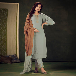 Grey Embellished With Embroidered Chiffon Kurti Pant Set With Dupatta - Peachmode