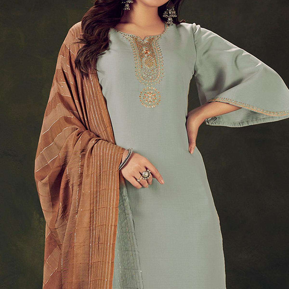 Grey Embellished With Embroidered Chiffon Kurti Pant Set With Dupatta - Peachmode