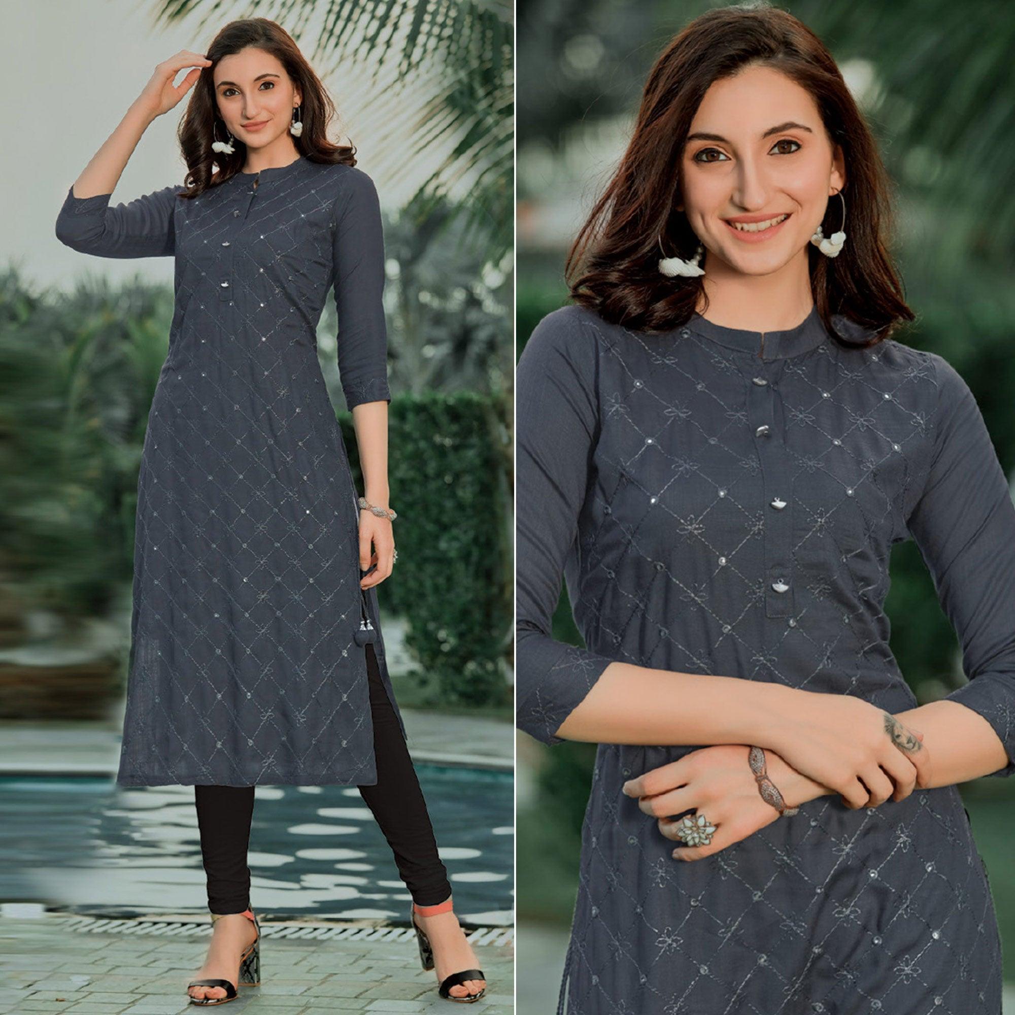 Grey Embellished With Embroidered Cotton Kurti - Peachmode