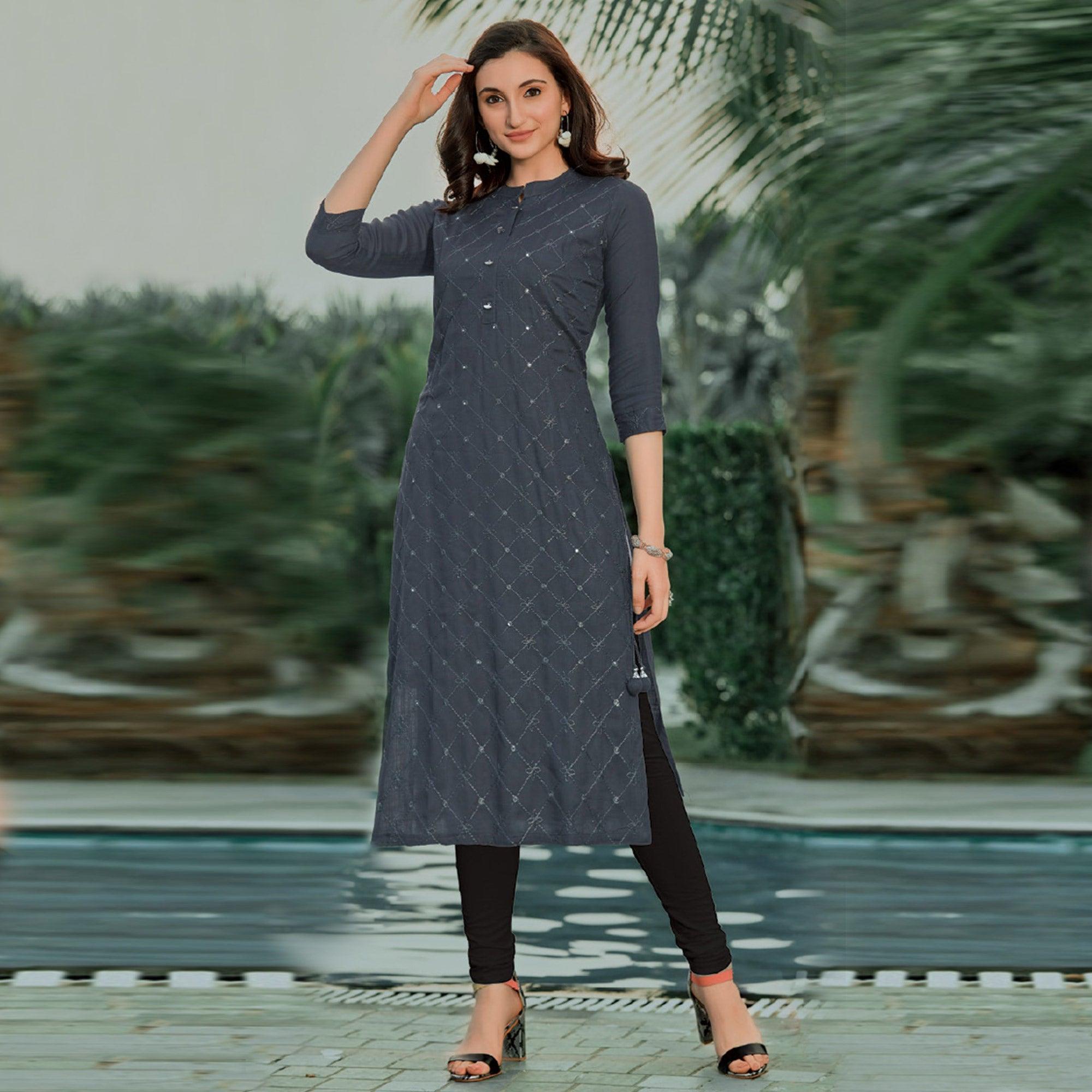 Grey Embellished With Embroidered Cotton Kurti - Peachmode