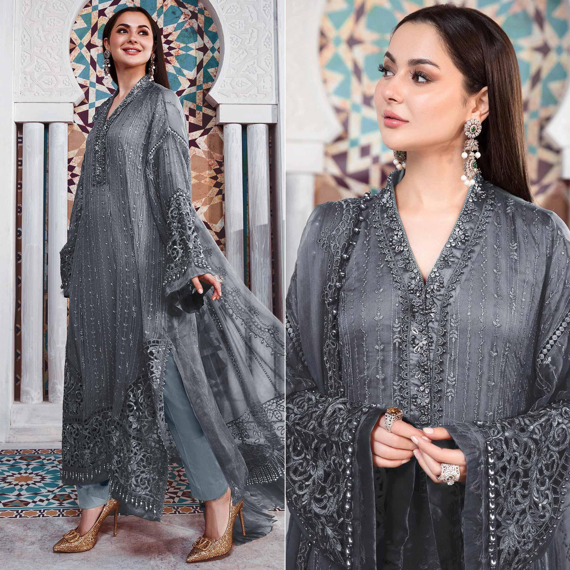 Grey Embellished With Embroidered Georgette Pakistani Suit - Peachmode