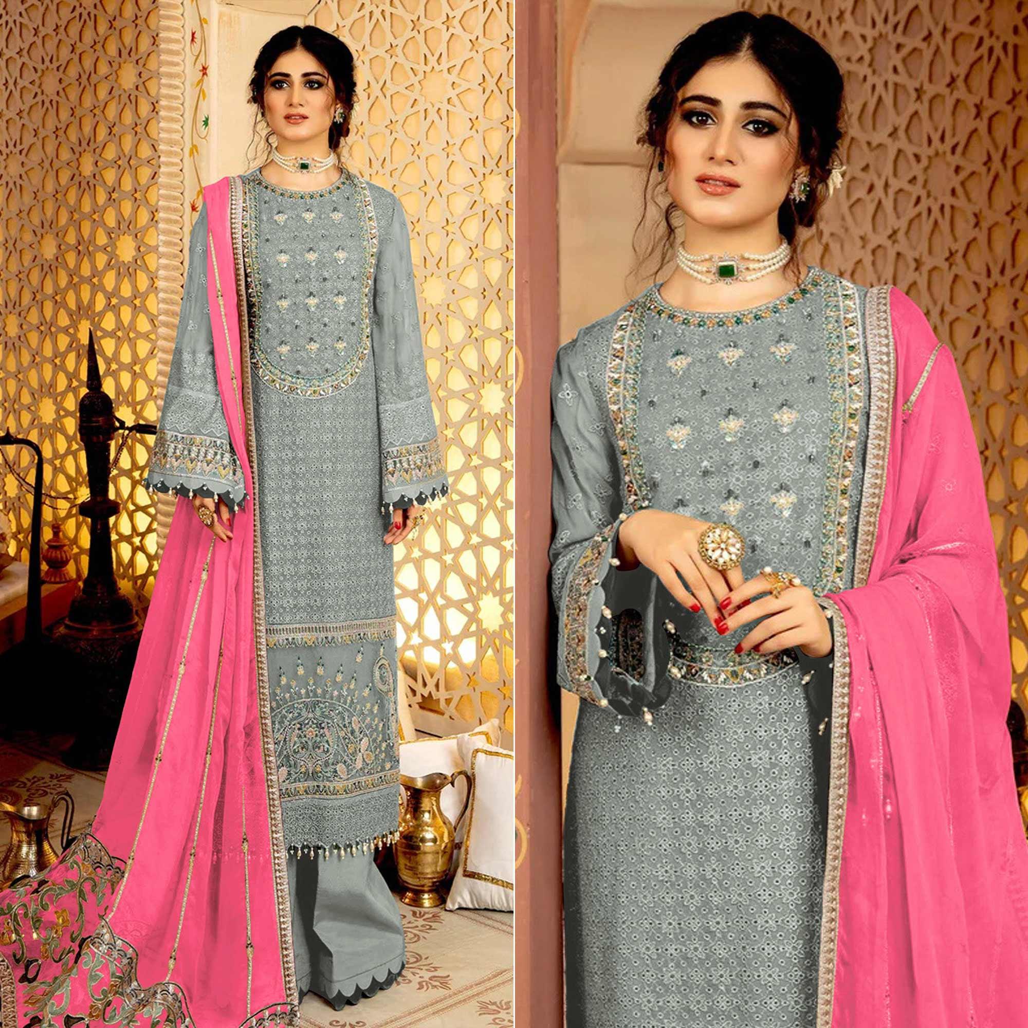 Grey Embellished With Embroidered Georgette Pakistani Suit - Peachmode