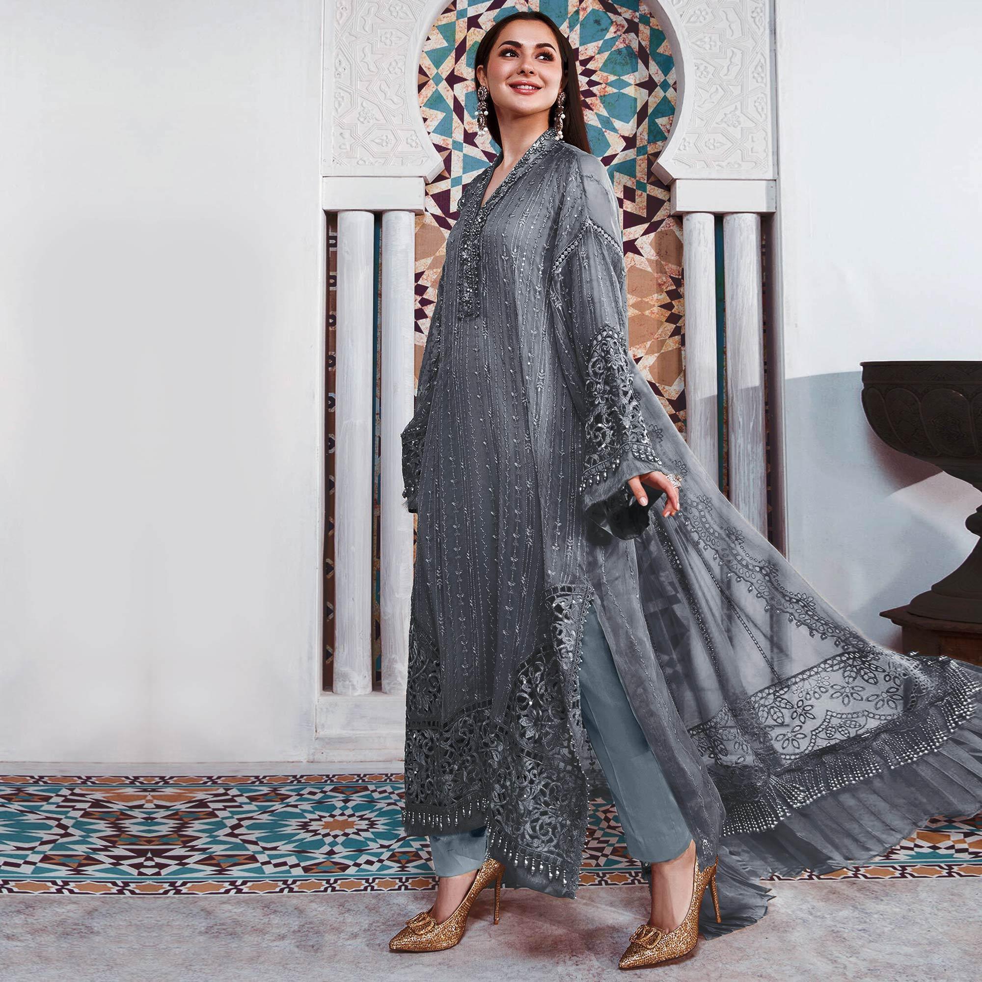 Grey Embellished With Embroidered Georgette Pakistani Suit - Peachmode