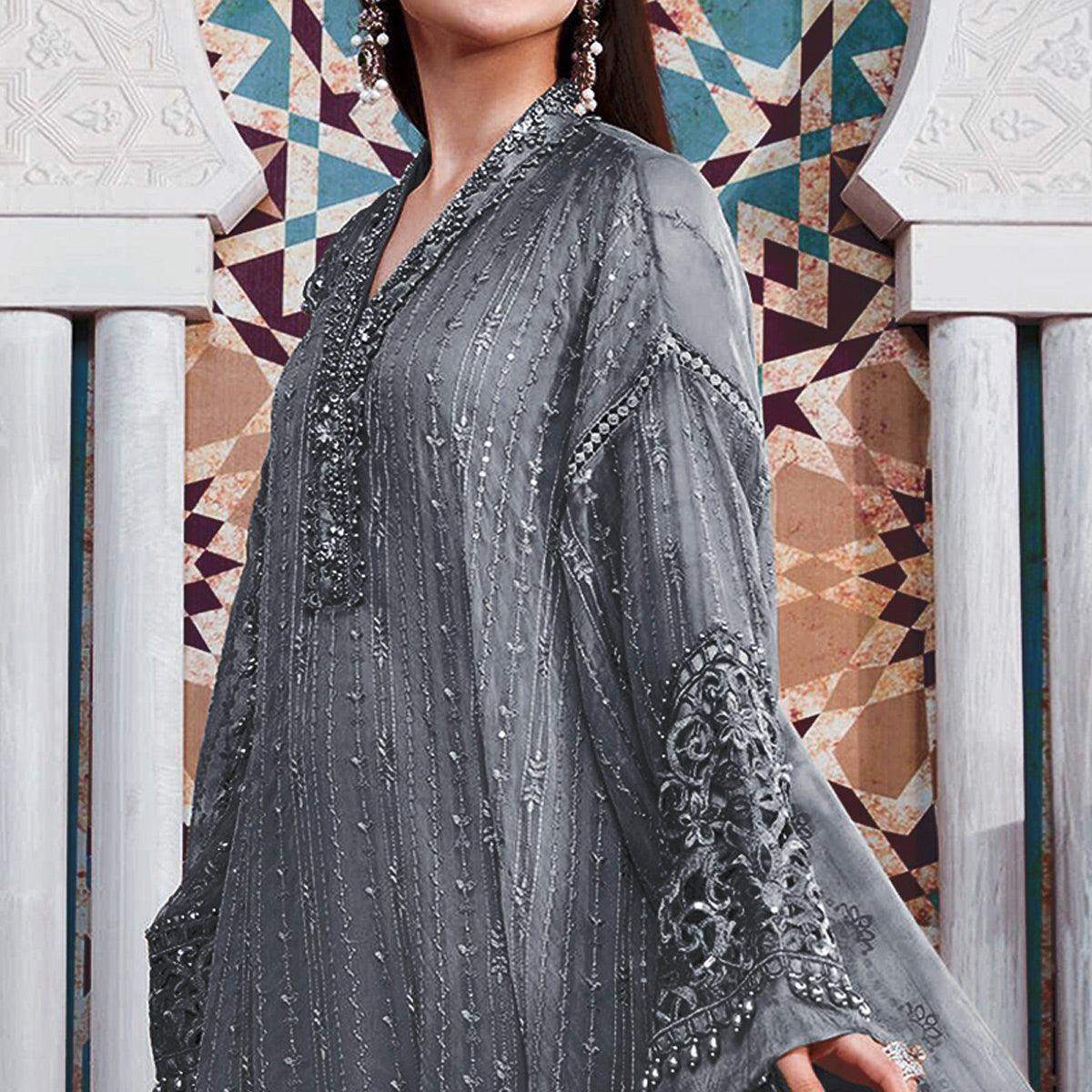 Grey Embellished With Embroidered Georgette Pakistani Suit - Peachmode